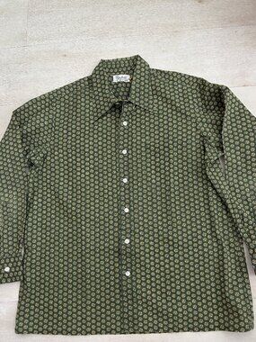Vintage Wynfield Men’s Olive Green Geometric Foulard Print LS Shirt Size XXL